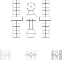 conjunto de iconos de línea negra delgada y audaz del espacio satelital de la plataforma orbital compleja vector