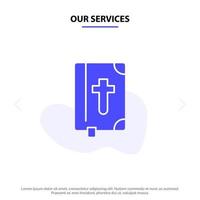 nuestros servicios libro biblia vacaciones de pascua icono de glifo sólido plantilla de tarjeta web vector