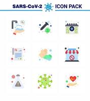 Covid19 icon set for infographic 9 Flat Color pack such as medical soap appointment rx pharmacy viral coronavirus 2019nov disease Vector Design Elements