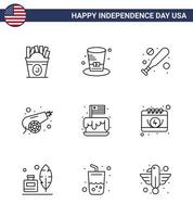 Line Pack of 9 USA Independence Day Symbols of independence festival baseball weapon canon Editable USA Day Vector Design Elements