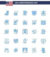 USA Independence Day Blue Set of 25 USA Pictograms of police usa independence american heart Editable USA Day Vector Design Elements