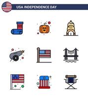 Pack of 9 USA Independence Day Celebration Flat Filled Lines Signs and 4th July Symbols such as usa states building flag war Editable USA Day Vector Design Elements