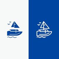 línea de barco de transporte de barco y glifo icono sólido bandera azul vector