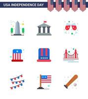 4th July USA Happy Independence Day Icon Symbols Group of 9 Modern Flats of cap hat usa kids circus Editable USA Day Vector Design Elements