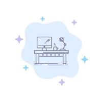 lugar de trabajo, computadora de negocios, lámpara de escritorio, mesa de oficina, icono azul en el fondo abstracto de la nube vector