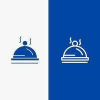 línea de servicio de comida de plato de hotel y glifo icono sólido banner azul vector