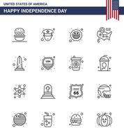 4 de julio estados unidos feliz día de la independencia icono símbolos grupo de 16 líneas modernas de estados unidos monumento seguridad hito mapa editable día de estados unidos elementos de diseño vectorial vector