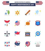 Happy Independence Day 4th July Set of 16 Flats American Pictograph of frankfurter flying ball summer usa Editable USA Day Vector Design Elements