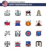 conjunto moderno de 16 líneas planas llenas y símbolos en el día de la independencia de estados unidos, como cap usa american united map elementos de diseño vectorial editables del día de estados unidos vector