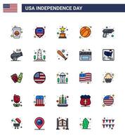 Editable Vector Flat Filled Line Pack of USA Day 25 Simple Flat Filled Lines of army gun achievement usa ball Editable USA Day Vector Design Elements