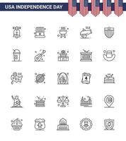 Happy Independence Day USA Pack of 25 Creative Lines of seurity american barbecue mortar cannon Editable USA Day Vector Design Elements