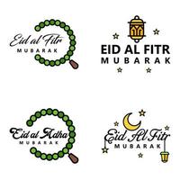 paquete moderno de 4 eidkum mubarak árabe tradicional tipografía kufic cuadrada moderna texto de saludo decorado con estrellas y luna vector