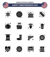 Set of 16 Vector Solid Glyphs on 4th July USA Independence Day such as festival pumpkin drum american hotdog Editable USA Day Vector Design Elements