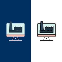 Computer Building Monitor Factory  Icons Flat and Line Filled Icon Set Vector Blue Background