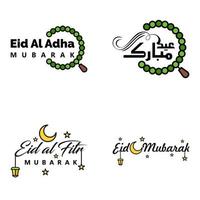 paquete moderno de 4 eidkum mubarak árabe tradicional tipografía kufic cuadrada moderna texto de saludo decorado con estrellas y luna vector