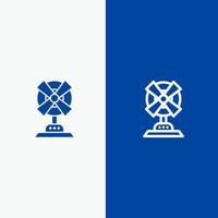 ventilador eléctrico línea de máquina doméstica y glifo icono sólido banner azul vector