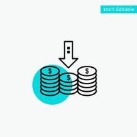 Coins Cash Money Down Arrow turquoise highlight circle point Vector icon