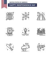 Happy Independence Day 4th July Set of 9 Lines American Pictograph of hokey phone building mobile star Editable USA Day Vector Design Elements