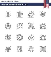 feliz día de la independencia 4 de julio conjunto de 16 líneas pictografía americana de helado independiente comida de arma grande elementos de diseño de vector de día de estados unidos editables en frío