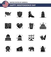 16 Solid Glyph Signs for USA Independence Day heart american boot shield usa Editable USA Day Vector Design Elements