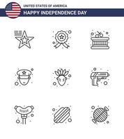 Happy Independence Day Pack of 9 Lines Signs and Symbols for gun native american drum american officer Editable USA Day Vector Design Elements