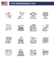 Editable Vector Line Pack of USA Day 16 Simple Lines of capitol day chair celebrate television Editable USA Day Vector Design Elements
