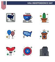 Happy Independence Day USA Pack of 9 Creative Flat Filled Lines of states america flag flower party celebrate Editable USA Day Vector Design Elements