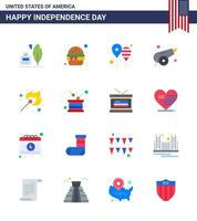 paquete plano de 16 símbolos del día de la independencia de estados unidos de globos de guerra de camping bandera de canon america elementos de diseño vectorial editables del día de estados unidos vector