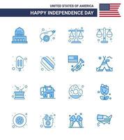 Pack of 16 USA Independence Day Celebration Blues Signs and 4th July Symbols such as states american court cream ice cream Editable USA Day Vector Design Elements