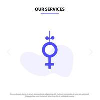 nuestros servicios símbolo de género cinta icono de glifo sólido plantilla de tarjeta web vector