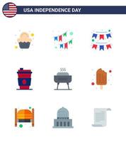 Group of 9 Flats Set for Independence day of United States of America such as cold festivity garland celebration usa Editable USA Day Vector Design Elements