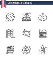 Happy Independence Day USA Pack of 9 Creative Lines of frankfurter western white saloon door Editable USA Day Vector Design Elements