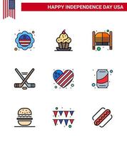 Big Pack of 9 USA Happy Independence Day USA Vector Flat Filled Lines and Editable Symbols of american ice sport thanksgiving hokey day Editable USA Day Vector Design Elements