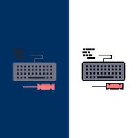 iconos de reparación de hardware de teclado de tecla plano y conjunto de iconos llenos de línea vector fondo azul