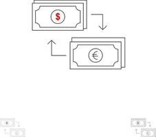 intercambio negocio dólar euro finanzas financiero dinero audaz y delgada línea negra conjunto de iconos vector