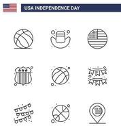 Happy Independence Day 4th July Set of 9 Lines American Pictograph of usa ball flag american investigating Editable USA Day Vector Design Elements