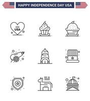 Pack of 9 creative USA Independence Day related Lines of cap usa thanksgiving building weapon Editable USA Day Vector Design Elements