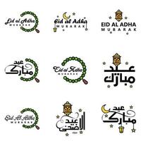 Happy Eid Mubarak Hand Letter Typography Greeting Swirly Brush Typeface Pack Of 9 Greetings with Shining Stars and Moon vector