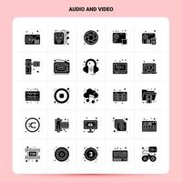 Solid 25 Audio And Video Icon set Vector Glyph Style Design Black Icons Set Web and Mobile Business ideas design Vector Illustration