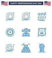 Set of 9 Vector Blues on 4th July USA Independence Day such as donut sign dollar shield flag Editable USA Day Vector Design Elements