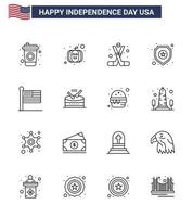 Pack of 16 creative USA Independence Day related Lines of united flag sports sign police Editable USA Day Vector Design Elements