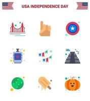 Flat Pack of 9 USA Independence Day Symbols of liquid flask american drink sign Editable USA Day Vector Design Elements