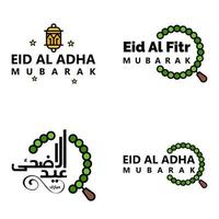 4 saludos modernos de eid fitr escritos en texto decorativo de caligrafía árabe para tarjetas de felicitación y deseando el feliz eid en esta ocasión religiosa vector