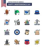 16 USA Flat Filled Line Pack of Independence Day Signs and Symbols of usa invitation map american hat Editable USA Day Vector Design Elements