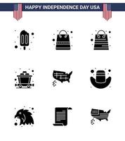 conjunto de 9 paquetes de glifos sólidos modernos en el día de la independencia de EE. UU. Animal cap mine american united elementos de diseño vectorial del día de EE. UU. editables vector