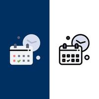 calendario fecha día hora trabajo iconos plano y línea llena conjunto de iconos vector fondo azul