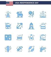 Group of 16 Blues Set for Independence day of United States of America such as machine washington bloons usa monument Editable USA Day Vector Design Elements