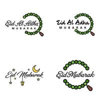 Eid Mubarak Calligraphy Pack Of 4 Greeting Messages Hanging Stars and Moon on Isolated White Background Religious Muslim Holiday vector