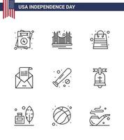 feliz día de la independencia paquete de estados unidos de 9 líneas creativas de sobre de invitación paquetes de correo electrónico de turismo elementos de diseño vectorial editables del día de estados unidos vector