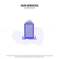 nuestros servicios edificio oficina rascacielos torre icono de glifo sólido plantilla de tarjeta web vector